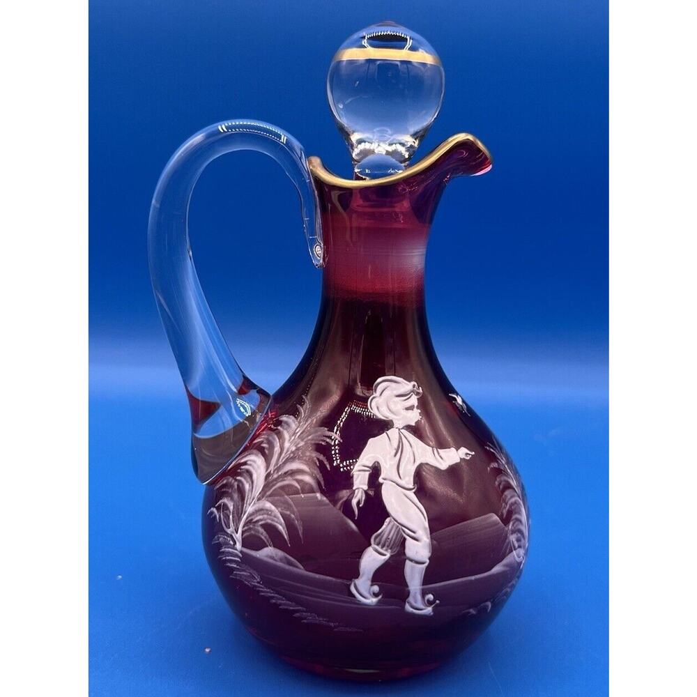 MARY GREGORY BOHEMIAN HAND PAINTED CRANBERRY GLASS CRUET MADE‎ IN CZECHOSLOVAKIA